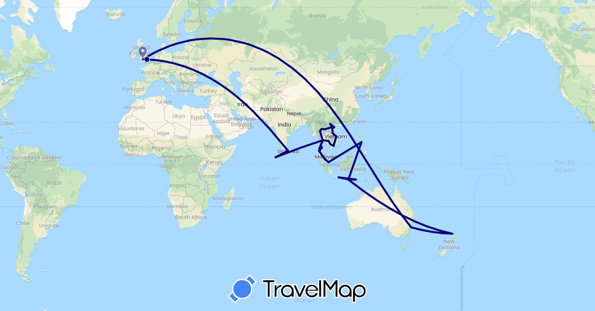 TravelMap itinerary: driving in Australia, United Kingdom, Indonesia, Cambodia, Laos, Sri Lanka, Maldives, Malaysia, New Zealand, Philippines, Singapore, Thailand, Vietnam (Asia, Europe, Oceania)